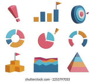3D-rendering. infographic icon set on a white background. explanation, bar, target, pie, circle, stair, area, pyramid, chart