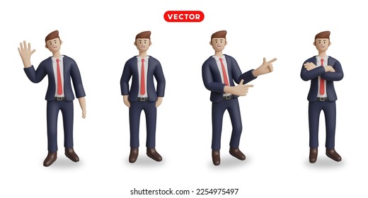 3D-rendering. On a white background, a businessman gestures, waving hands, pickpockets, crossed arms, and points.