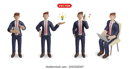 3D-rendering. On a white background, a businessman gestures to slide the iPad, check the progress of work, crush ideas, talk on the phone, and work on the notebook.