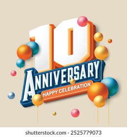 3D-style 10th anniversary celebration featuring orange and blue tones. Colorful balloons float in the air, creating a joyful and memorable atmosphere. Ideal for marking any special occasion.