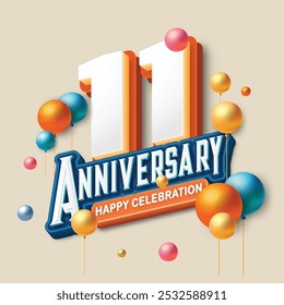 3D-style 11st anniversary celebration featuring orange and blue tones. Colorful balloons float in the air, creating a joyful and memorable atmosphere. Ideal for marking any special occasion.