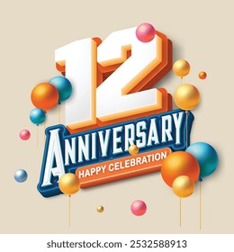 3D-style 12nd anniversary celebration featuring orange and blue tones. Colorful balloons float in the air, creating a joyful and memorable atmosphere. Ideal for marking any special occasion.