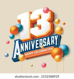 3D-style 13rd anniversary celebration featuring orange and blue tones. Colorful balloons float in the air, creating a joyful and memorable atmosphere. Ideal for marking any special occasion.