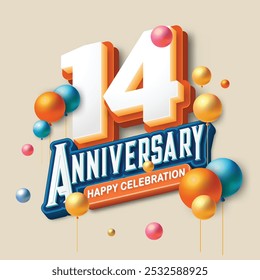 3D-style 14th anniversary celebration featuring orange and blue tones. Colorful balloons float in the air, creating a joyful and memorable atmosphere. Ideal for marking any special occasion.