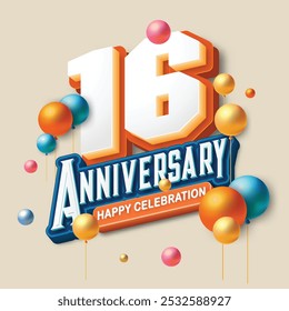 3D-style 16th anniversary celebration featuring orange and blue tones. Colorful balloons float in the air, creating a joyful and memorable atmosphere. Ideal for marking any special occasion.