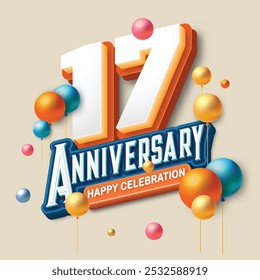 3D-style 17th anniversary celebration featuring orange and blue tones. Colorful balloons float in the air, creating a joyful and memorable atmosphere. Ideal for marking any special occasion.