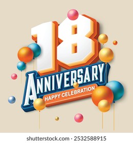 3D-style 18th anniversary celebration featuring orange and blue tones. Colorful balloons float in the air, creating a joyful and memorable atmosphere. Ideal for marking any special occasion.