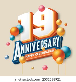 3D-style 19th anniversary celebration featuring orange and blue tones. Colorful balloons float in the air, creating a joyful and memorable atmosphere. Ideal for marking any special occasion.