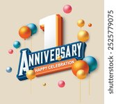 3D-style 1st anniversary celebration featuring orange and blue tones. Colorful balloons float in the air, creating a joyful and memorable atmosphere. Ideal for marking any special occasion.