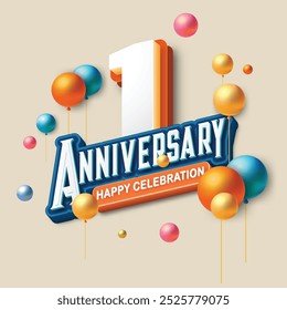 3D-style 1st anniversary celebration featuring orange and blue tones. Colorful balloons float in the air, creating a joyful and memorable atmosphere. Ideal for marking any special occasion.