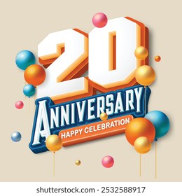 3D-style 20th anniversary celebration featuring orange and blue tones. Colorful balloons float in the air, creating a joyful and memorable atmosphere. Ideal for marking any special occasion.