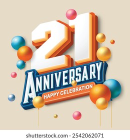 3D-style 21st anniversary celebration featuring orange and blue tones. Colorful balloons float in the air, creating a joyful and memorable atmosphere. Ideal for marking any special occasion.