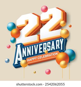 3D-style 22nd anniversary celebration featuring orange and blue tones. Colorful balloons float in the air, creating a joyful and memorable atmosphere. Ideal for marking any special occasion.