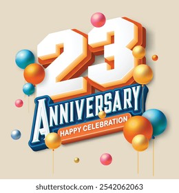 3D-style 23rd anniversary celebration featuring orange and blue tones. Colorful balloons float in the air, creating a joyful and memorable atmosphere. Ideal for marking any special occasion.