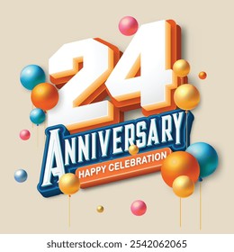 3D-style 24th anniversary celebration featuring orange and blue tones. Colorful balloons float in the air, creating a joyful and memorable atmosphere. Ideal for marking any special occasion.