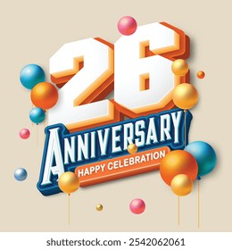 3D-style 26th anniversary celebration featuring orange and blue tones. Colorful balloons float in the air, creating a joyful and memorable atmosphere. Ideal for marking any special occasion.