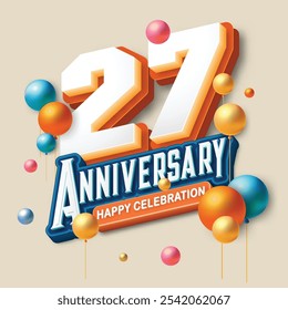 3D-style 27th anniversary celebration featuring orange and blue tones. Colorful balloons float in the air, creating a joyful and memorable atmosphere. Ideal for marking any special occasion.