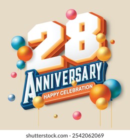 3D-style 28th anniversary celebration featuring orange and blue tones. Colorful balloons float in the air, creating a joyful and memorable atmosphere. Ideal for marking any special occasion.