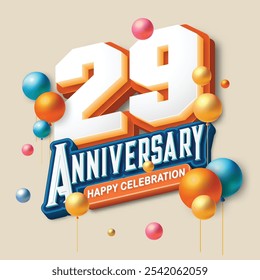 3D-style 29th anniversary celebration featuring orange and blue tones. Colorful balloons float in the air, creating a joyful and memorable atmosphere. Ideal for marking any special occasion.