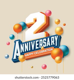 3D-style 2nd anniversary celebration featuring orange and blue tones. Colorful balloons float in the air, creating a joyful and memorable atmosphere. Ideal for marking any special occasion.