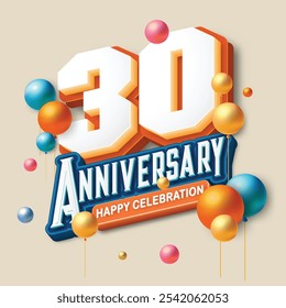 3D-style 30th anniversary celebration featuring orange and blue tones. Colorful balloons float in the air, creating a joyful and memorable atmosphere. Ideal for marking any special occasion.