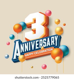 3D-style 3rd anniversary celebration featuring orange and blue tones. Colorful balloons float in the air, creating a joyful and memorable atmosphere. Ideal for marking any special occasion.