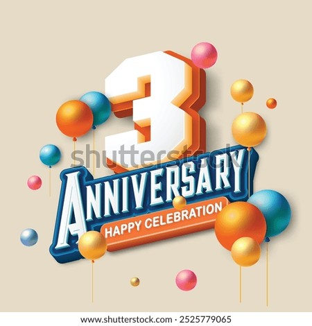 3D-style 3rd anniversary celebration featuring orange and blue tones. Colorful balloons float in the air, creating a joyful and memorable atmosphere. Ideal for marking any special occasion.