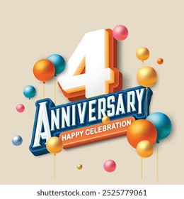 3D-style 4th anniversary celebration featuring orange and blue tones. Colorful balloons float in the air, creating a joyful and memorable atmosphere. Ideal for marking any special occasion.