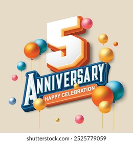 3D-style 5th anniversary celebration featuring orange and blue tones. Colorful balloons float in the air, creating a joyful and memorable atmosphere. Ideal for marking any special occasion.