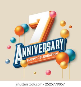 3D-style 7th anniversary celebration featuring orange and blue tones. Colorful balloons float in the air, creating a joyful and memorable atmosphere. Ideal for marking any special occasion.