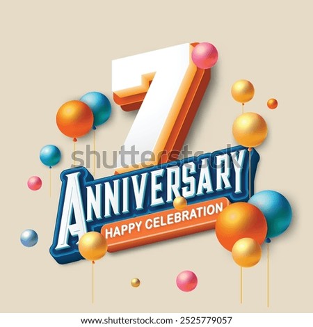 3D-style 7th anniversary celebration featuring orange and blue tones. Colorful balloons float in the air, creating a joyful and memorable atmosphere. Ideal for marking any special occasion.