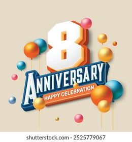 3D-style 8th anniversary celebration featuring orange and blue tones. Colorful balloons float in the air, creating a joyful and memorable atmosphere. Ideal for marking any special occasion.