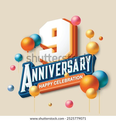 3D-style 9th anniversary celebration featuring orange and blue tones. Colorful balloons float in the air, creating a joyful and memorable atmosphere. Ideal for marking any special occasion.