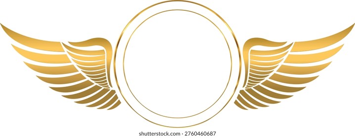 3D-style angel or bird wings—elegance and luminosity rendered in metallic golden tones. The center features a circular space, perfect for inserting custom emblems, symbols, logos, or icons. Ideal for spiritual branding projects, celestial invitations, digital jewelry, or motivational graphics. Spirituality, Kabbalah, purity, and divinity.