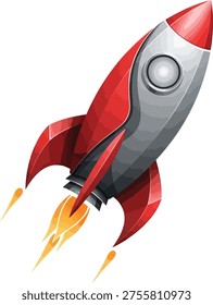 3D-style red and silver space rocket launching with smoke. A powerful symbol for business startups, innovation, fast growth, and exploring new ideas.