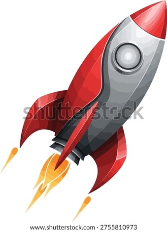 3D-style red and silver space rocket launching with smoke. A powerful symbol for business startups, innovation, fast growth, and exploring new ideas.