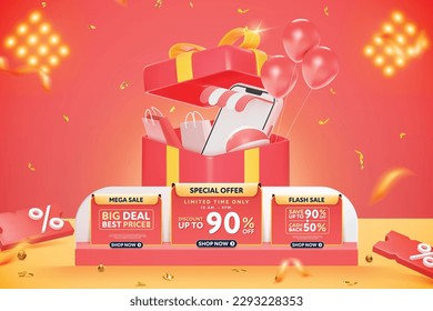 3D-style vector gift box podium and 3D elements are available for use on online shopping websites or in social media advertising.