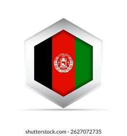 3D-style vector icon of the Afghanistan national flag with emblem inside a hexagon. Great for infographics, maps, education, user interface, and cultural or national-themed designs.