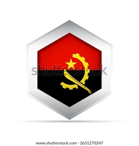 3D-style vector icon of the Angolan national flag with red and black background and yellow emblem of machete and gear inside a hexagon. Perfect for infographics, maps, UI, and patriotic designs.