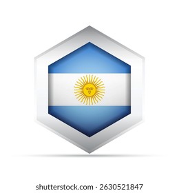 3D-style vector icon of the Argentine flag with light blue, white, and the Sun of May inside a hexagon. Ideal for infographics, maps, education, UI, and patriotic or cultural illustrations.