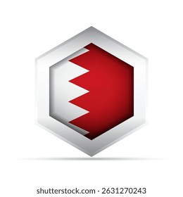 3D-style vector icon of the Bahrain national flag with red field and white serrated band inside a hexagon. Ideal for infographics, maps, UI, education, and patriotic or cultural designs.