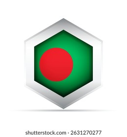 3D-style vector icon of the Bangladesh national flag with a red circle on green background inside a hexagon. Perfect for infographics, maps, UI, education, and cultural or patriotic use.