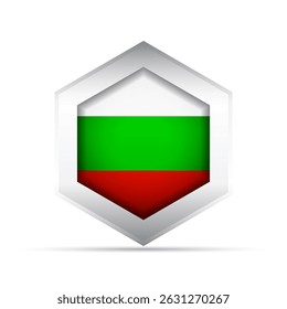 3D-style vector icon of the Bulgarian national flag with white, green, and red horizontal tricolor inside a hexagon. Ideal for infographics, maps, UI, education, and patriotic or cultural themes.