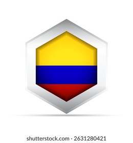 Ícone vetorial em estilo 3D da bandeira colombiana em forma de hexágono, com listras horizontais amarelas, azuis e vermelhas. Perfeito para a interface do usuário, mapas, infográficos, turismo e uso educacional.