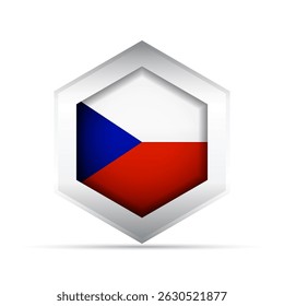 Icono de Vector de estilo 3D de la bandera de la República Checa con triángulo azul, blanco y rojo tricolor dentro de un hexágono. Ideal para infografías, mapas, educación, IU y contenido patriótico o cultural.