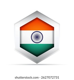 Ícone vetorial estilo 3D da bandeira nacional indiana com Ashoka Chakra dentro de um hexágono. Ideal para infográficos, educação, mapas, design de interface do usuário e ilustrações culturais ou patrióticas.