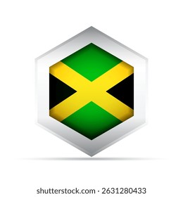 3D-style vector icon of the Jamaican national flag with gold saltire and green and black triangles inside a hexagon. Ideal for infographics, UI, maps, education, and cultural or patriotic designs.