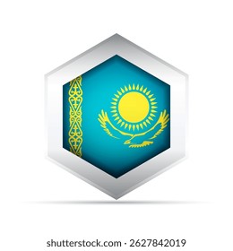 3D-style vector icon of the Kazakhstan national flag with sun, eagle, and ornamental pattern inside a hexagon. Great for infographics, maps, education, UI, and cultural or patriotic use.