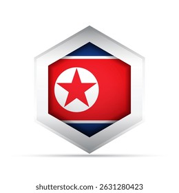 Ícone de vetor estilo 3D da bandeira norte-coreana em forma de hexágono com campo vermelho, círculo branco, estrela vermelha e bordas azuis. Ideal para mapas, infográficos, UI e visuais geopolíticos.