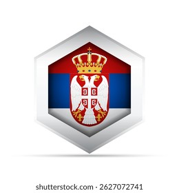 3D-style vector icon of the Serbian flag with coat of arms inside a hexagon. Ideal for infographics, maps, education, user interface, and national or cultural designs.